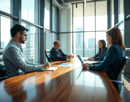 Professionals in a glass-walled conference room reviewing financial documents and charts on a laptop.