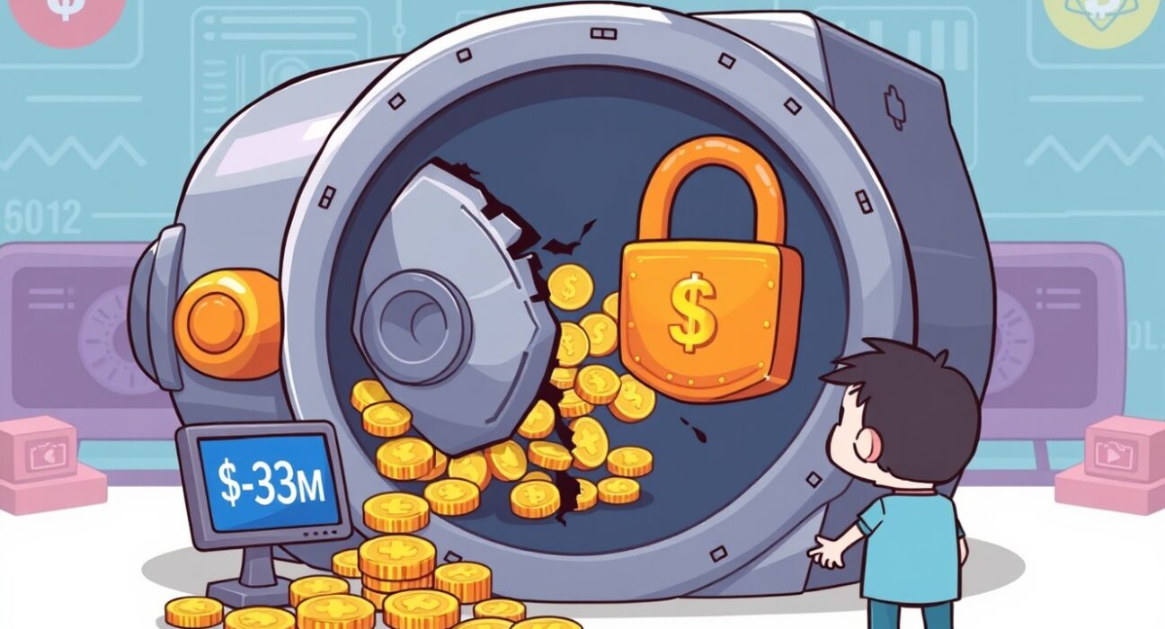 Cartoon illustration showing the aftermath of a Stream Finance loss, with a broken vault representing the $93M incident.
