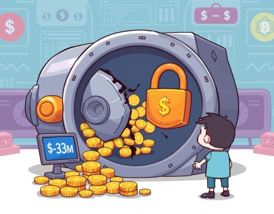 Cartoon illustration showing the aftermath of a Stream Finance loss, with a broken vault representing the $93M incident.