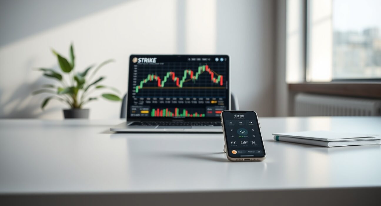 Strike Bitcoin-backed loan product displayed on laptop and smartphone in a modern office setting.