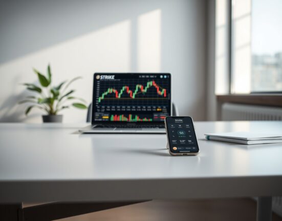 Strike Bitcoin-backed loan product displayed on laptop and smartphone in a modern office setting.