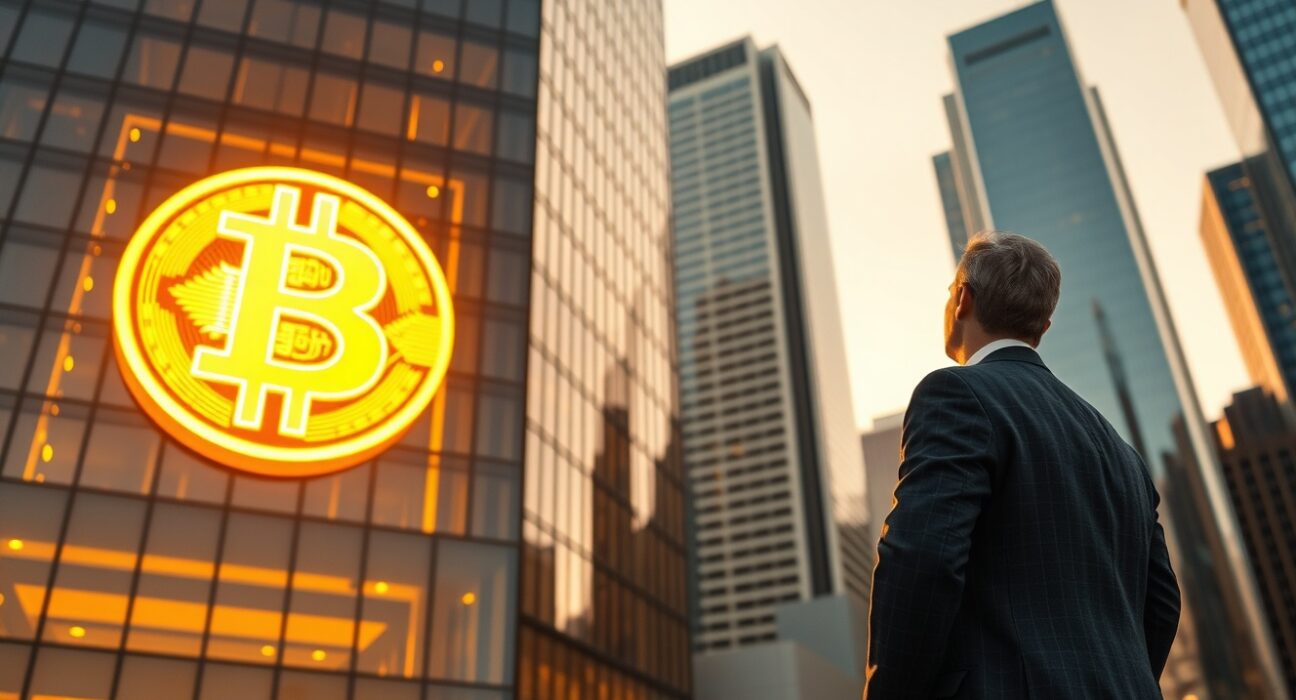 Businessman in suit standing in front of a skyscraper with a glowing Bitcoin symbol on the glass facade.