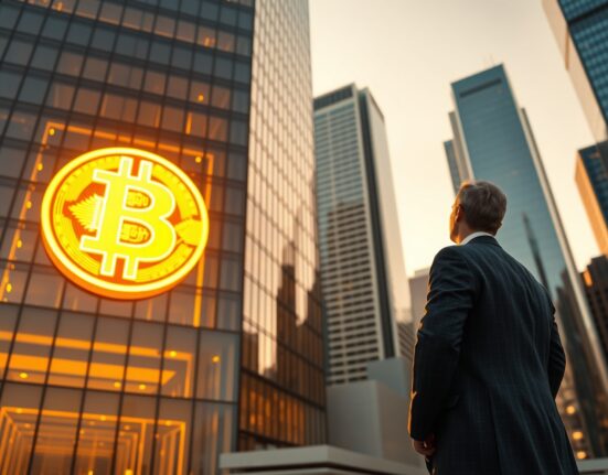 Businessman in suit standing in front of a skyscraper with a glowing Bitcoin symbol on the glass facade.