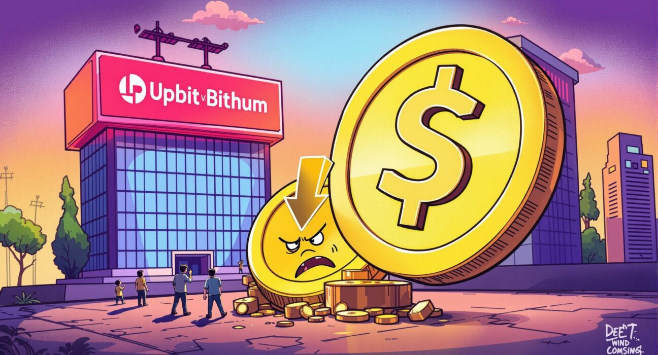 A cartoon illustration showing the dramatic price fall of STRIKE crypto due to delisting news from major exchanges.