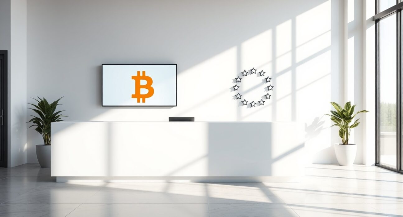 Modern fintech office reception with Bitcoin symbol and European Union flag motif representing Strike's MiCA license approval
