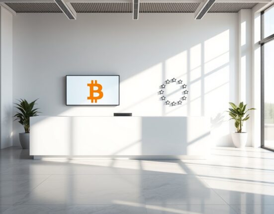 Modern fintech office reception with Bitcoin symbol and European Union flag motif representing Strike's MiCA license approval