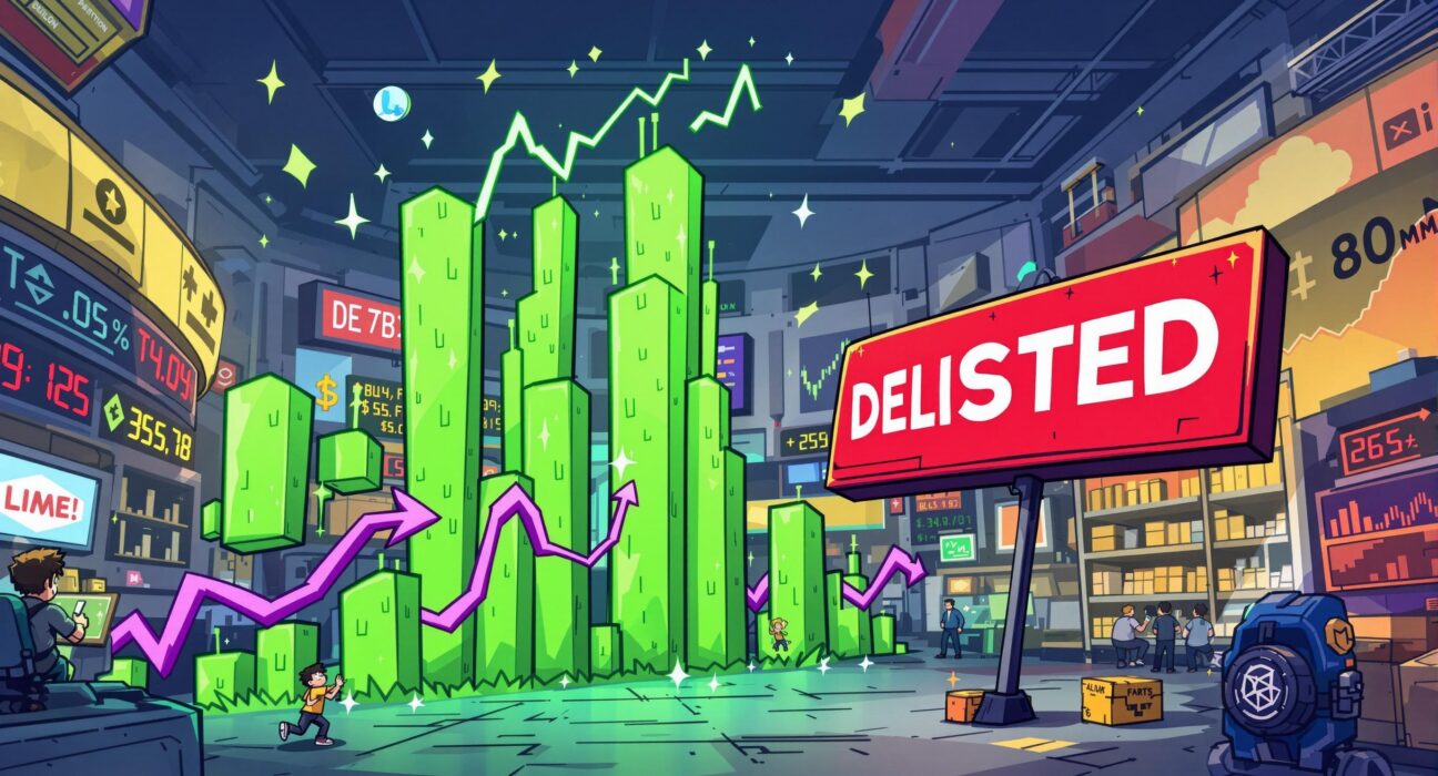 A cartoon illustration depicting the STRIKE token's price soaring dramatically on a chart, symbolizing its unexpected surge despite delisting news.