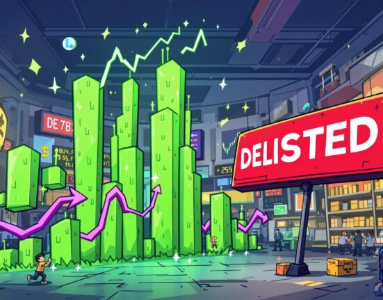A cartoon illustration depicting the STRIKE token's price soaring dramatically on a chart, symbolizing its unexpected surge despite delisting news.