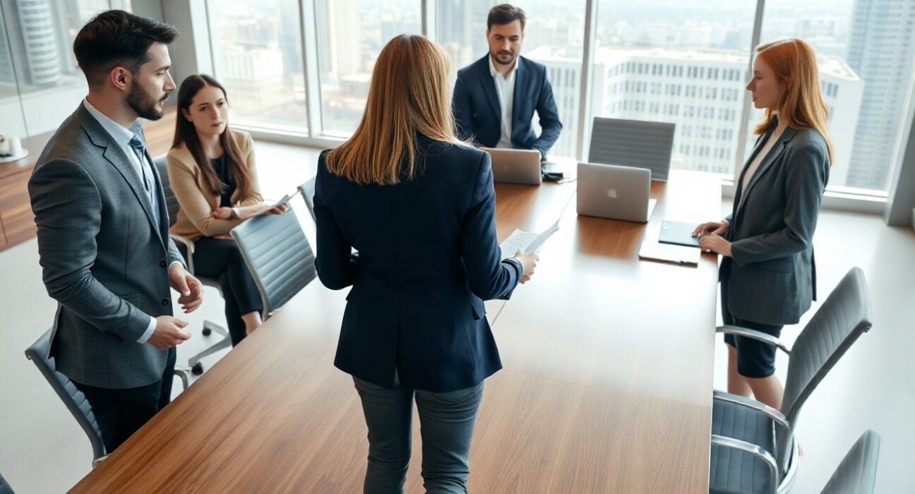 Business professionals in a boardroom discussing a major acquisition deal