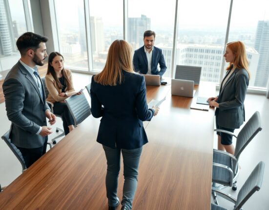 Business professionals in a boardroom discussing a major acquisition deal