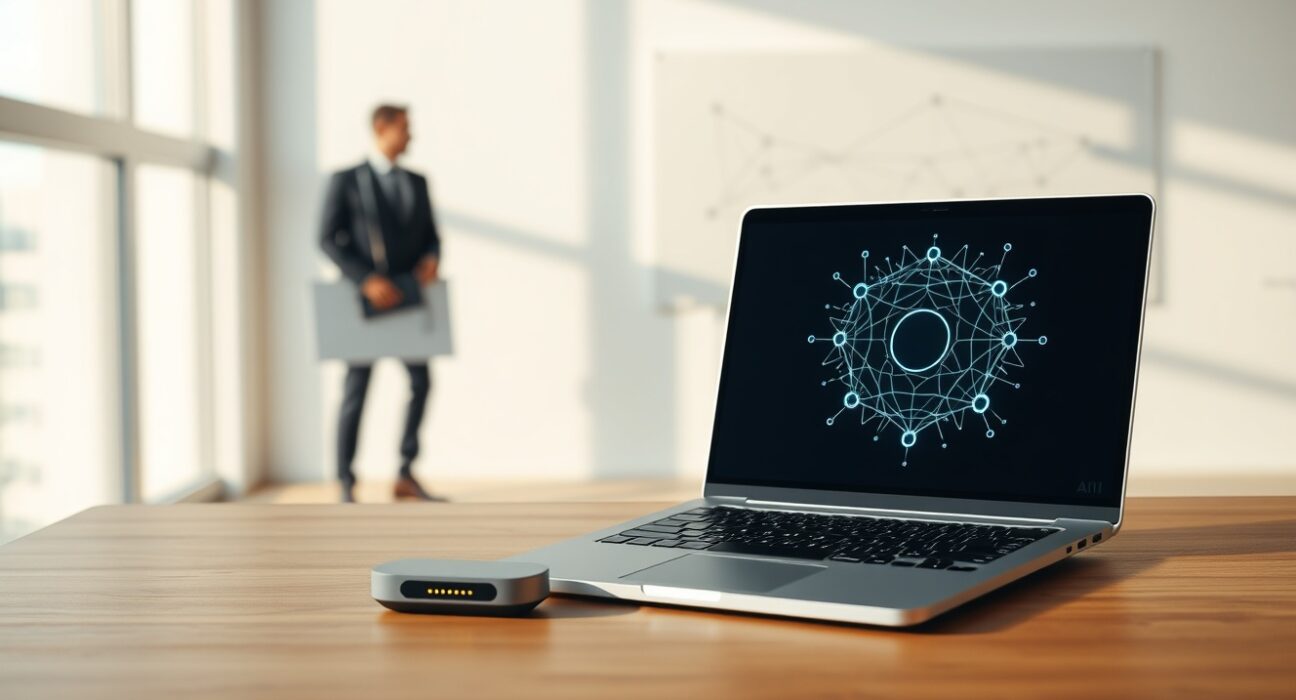 A laptop displaying an AI network graphic next to a router on a desk in a modern fintech office.