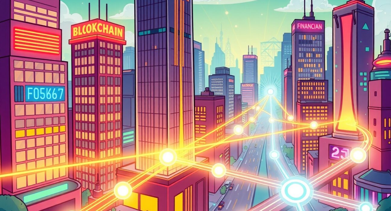 Tempo blockchain connecting financial institutions with digital payment streams in a vibrant cartoon cityscape