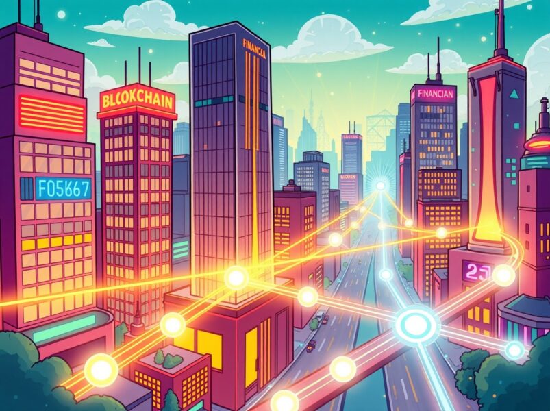 Tempo blockchain connecting financial institutions with digital payment streams in a vibrant cartoon cityscape