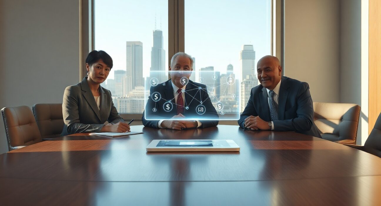 Three executives from Stripe, Visa, and Mastercard meeting over a holographic stablecoin platform interface.