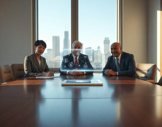 Three executives from Stripe, Visa, and Mastercard meeting over a holographic stablecoin platform interface.