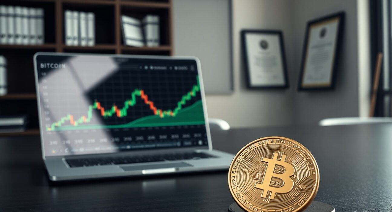 Bitcoin coin and laptop showing price chart in a professional office setting