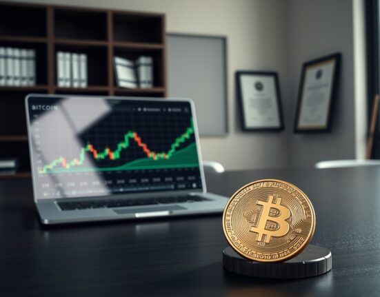 Bitcoin coin and laptop showing price chart in a professional office setting