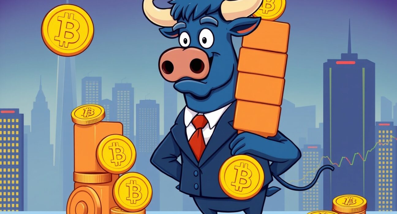 Confident bull stacking Bitcoin coins, representing Strive's massive $500 million institutional purchase.