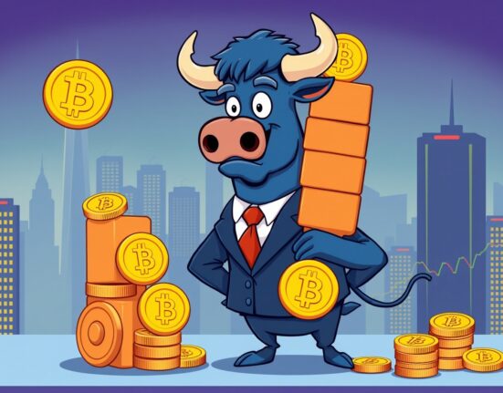 Confident bull stacking Bitcoin coins, representing Strive's massive $500 million institutional purchase.