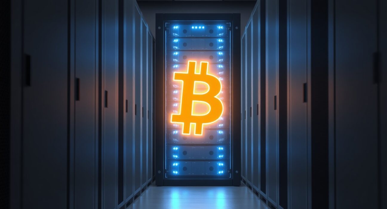 Corporate Bitcoin treasury strategy shown as a digital Bitcoin symbol within a secure server environment.