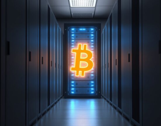 Corporate Bitcoin treasury strategy shown as a digital Bitcoin symbol within a secure server environment.