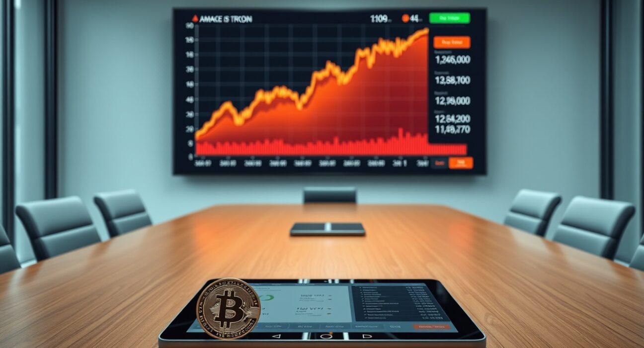 Corporate boardroom with Bitcoin price chart on screen and physical Bitcoin coin on table