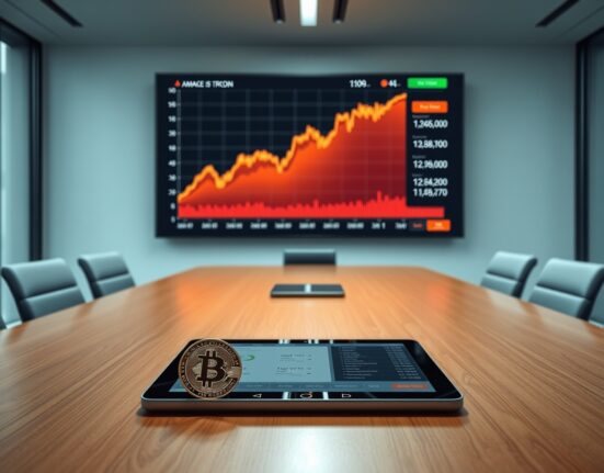 Corporate boardroom with Bitcoin price chart on screen and physical Bitcoin coin on table