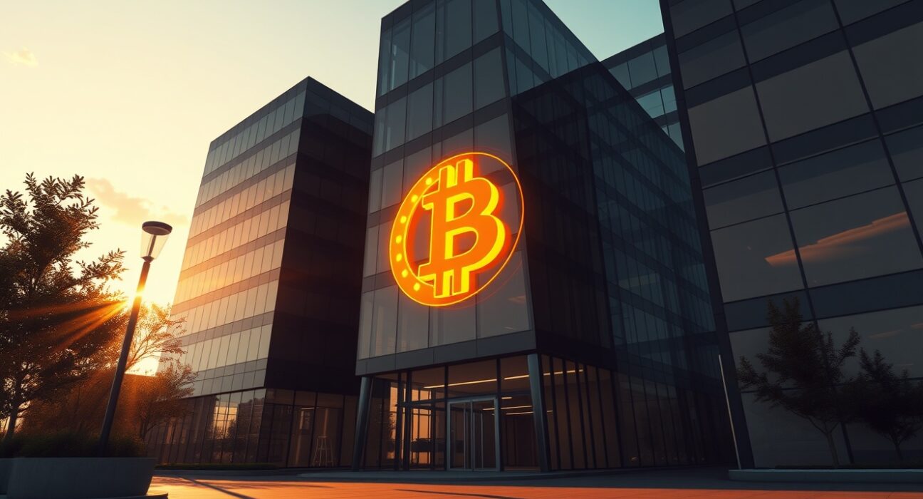 Modern corporate office building with a glowing Bitcoin symbol reflected in its glass facade at sunset.