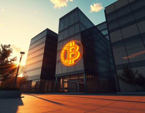 Modern corporate office building with a glowing Bitcoin symbol reflected in its glass facade at sunset.