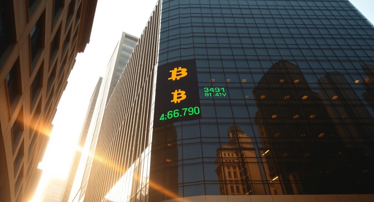 Modern financial building exterior with digital display showing Bitcoin symbol and stock ticker in afternoon light