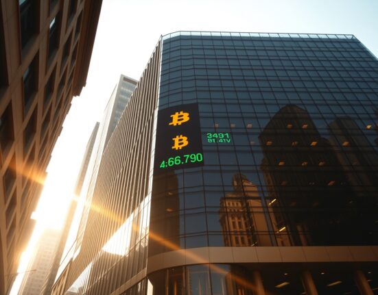 Modern financial building exterior with digital display showing Bitcoin symbol and stock ticker in afternoon light
