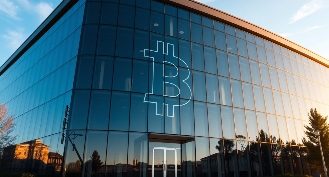 Modern corporate office building with Bitcoin symbol reflection, representing Strive's institutional Bitcoin accumulation strategy.