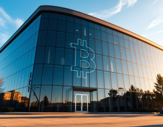 Modern corporate office building with Bitcoin symbol reflection, representing Strive's institutional Bitcoin accumulation strategy.