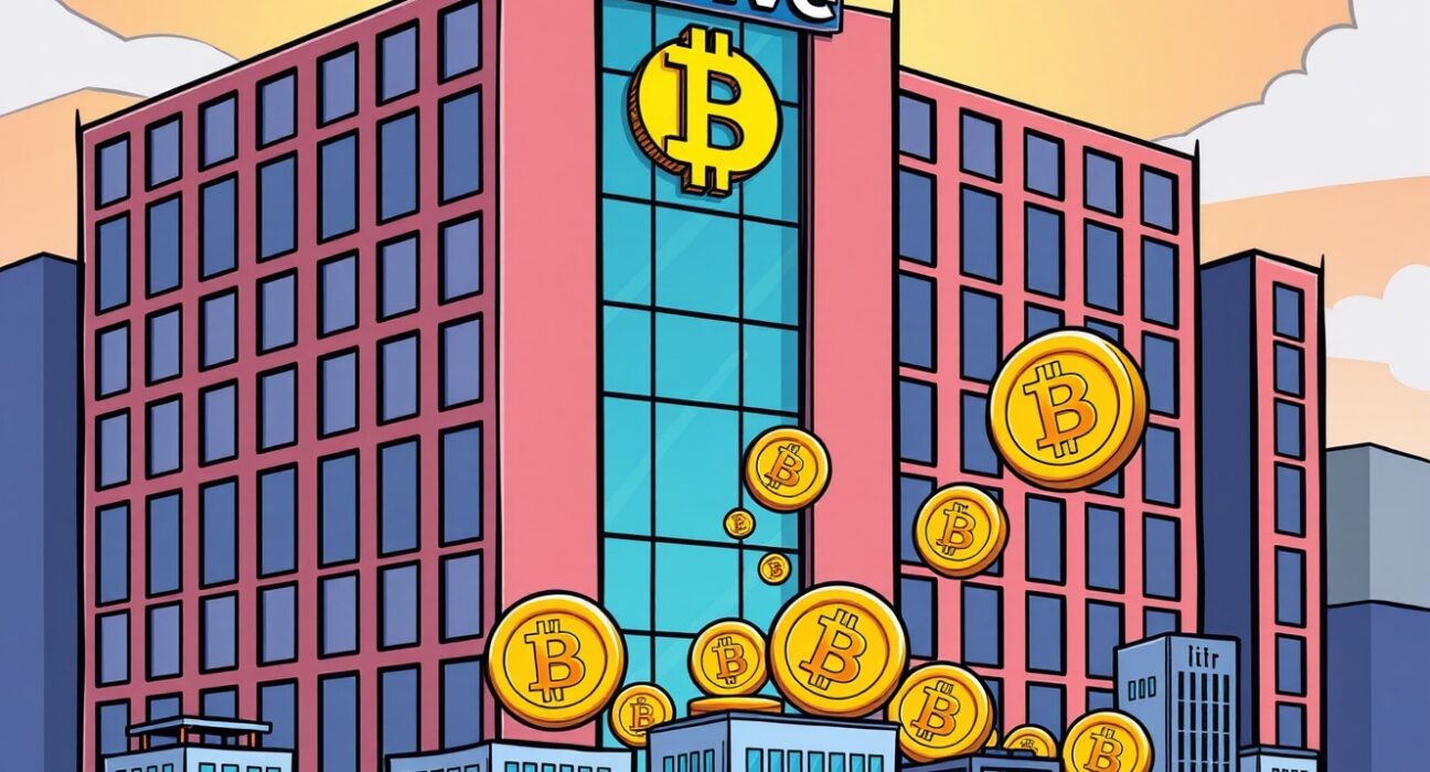Cartoon illustration showing Strive's building accumulating Bitcoin, symbolizing its strategic Strive Bitcoin acquisition and growing crypto holdings.