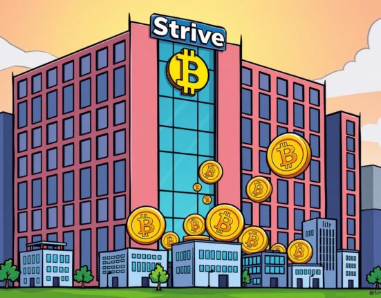 Cartoon illustration showing Strive's building accumulating Bitcoin, symbolizing its strategic Strive Bitcoin acquisition and growing crypto holdings.