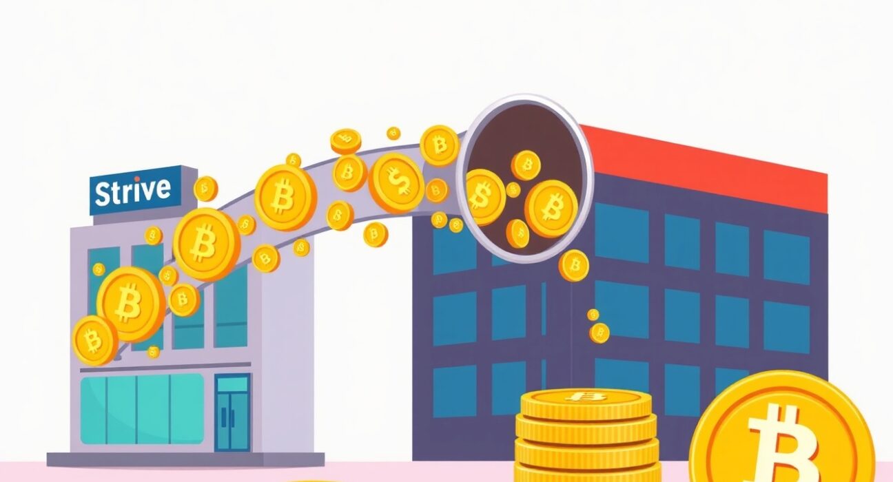 A cartoon illustration depicting Strive's strategic $950M capital plan to fund significant Strive Bitcoin buys, increasing value per share.