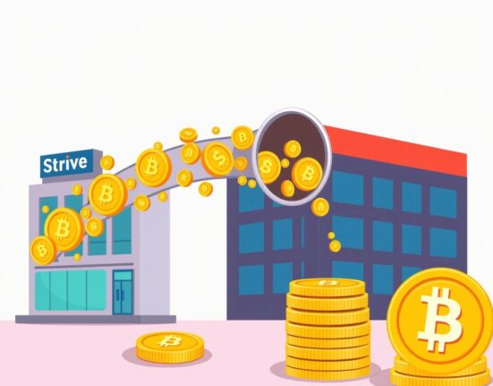 A cartoon illustration depicting Strive's strategic $950M capital plan to fund significant Strive Bitcoin buys, increasing value per share.