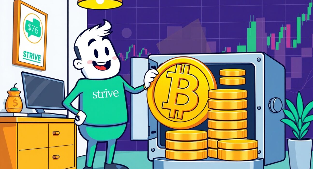 Cartoon showing Strive increasing its Bitcoin holdings, symbolizing strategic investment and growth in digital assets.