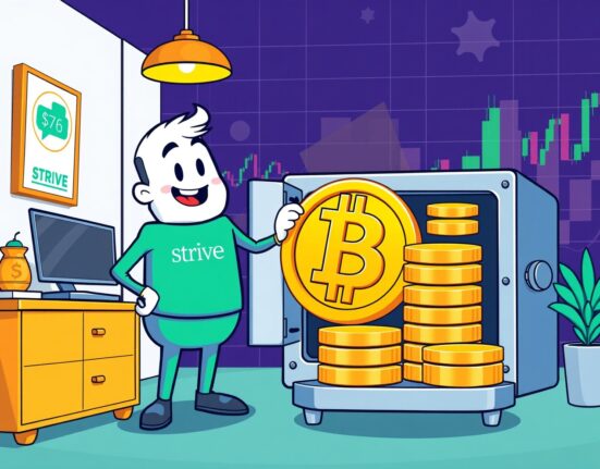 Cartoon showing Strive increasing its Bitcoin holdings, symbolizing strategic investment and growth in digital assets.