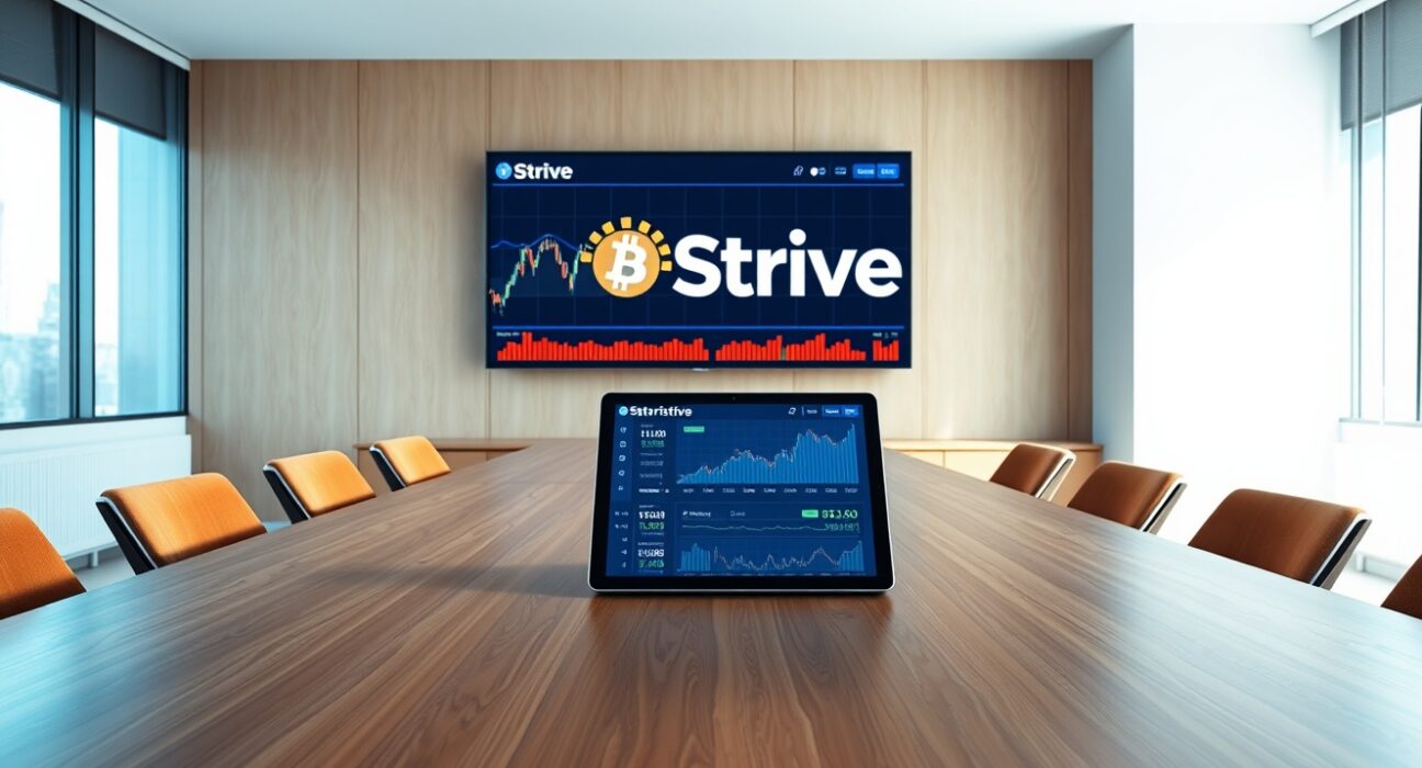 Modern corporate boardroom with digital display showing Bitcoin price chart and Strive branding