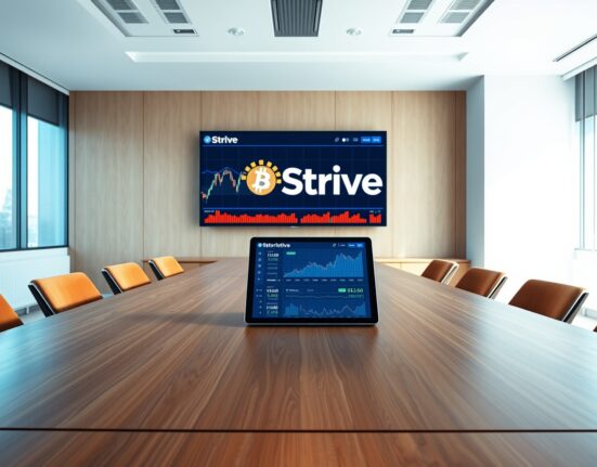Modern corporate boardroom with digital display showing Bitcoin price chart and Strive branding