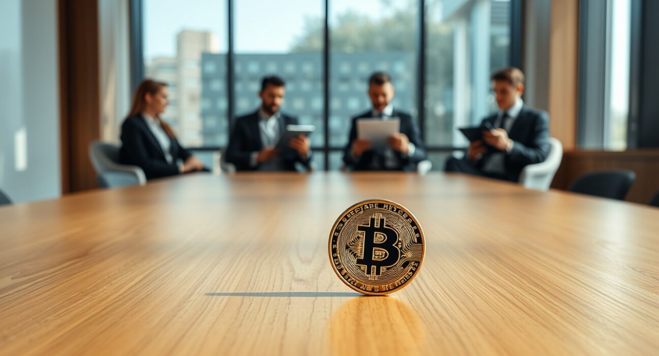 Bitcoin coin on a table in a corporate boardroom with blurred business meeting in background.