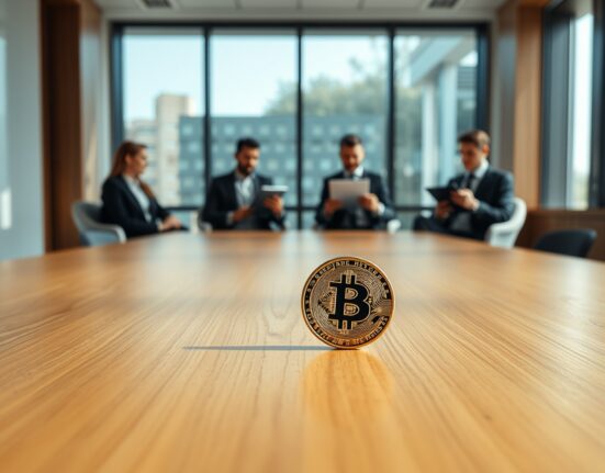 Bitcoin coin on a table in a corporate boardroom with blurred business meeting in background.