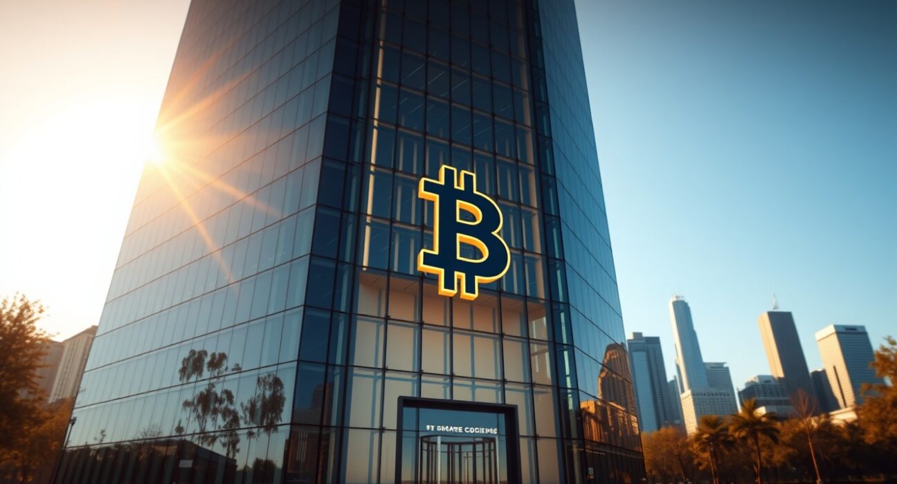 Strive Bitcoin purchase: A modern corporate building with a glowing Bitcoin symbol represents the firm's growing Bitcoin treasury strategy.