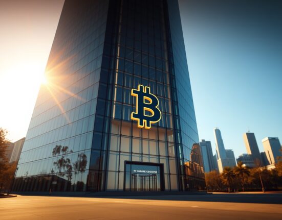 Strive Bitcoin purchase: A modern corporate building with a glowing Bitcoin symbol represents the firm's growing Bitcoin treasury strategy.