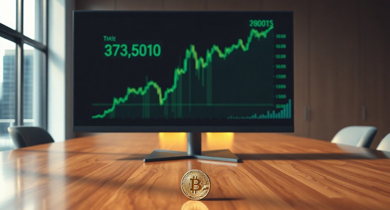 Bitcoin price chart on a monitor in a professional office setting with a Bitcoin coin on the table.