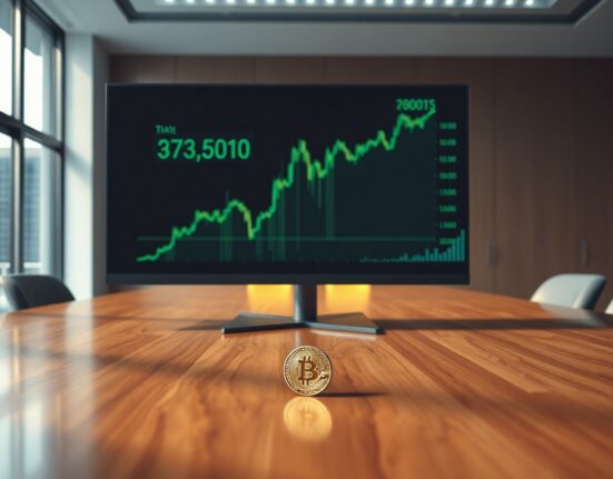 Bitcoin price chart on a monitor in a professional office setting with a Bitcoin coin on the table.