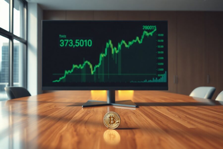 Bitcoin price chart on a monitor in a professional office setting with a Bitcoin coin on the table.