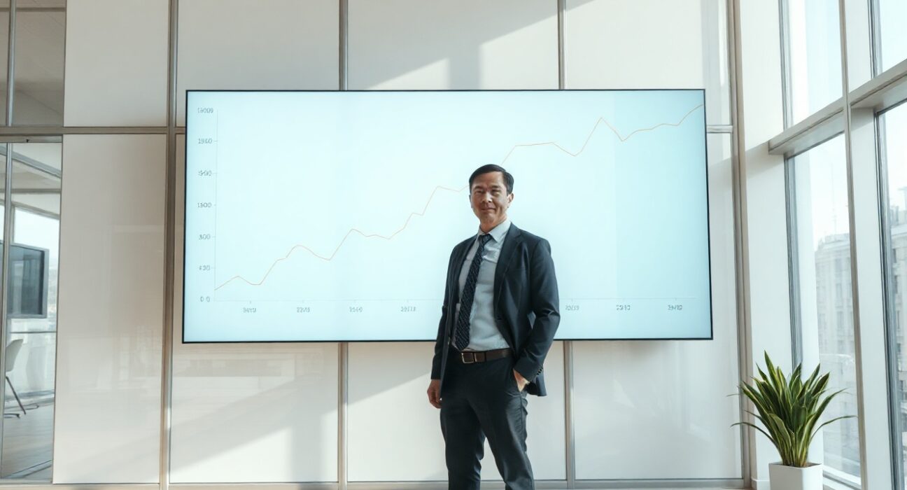 Financial analyst in office with Bitcoin price chart on digital display