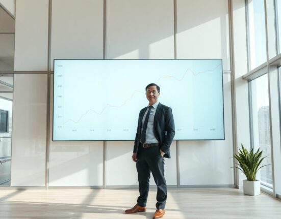 Financial analyst in office with Bitcoin price chart on digital display